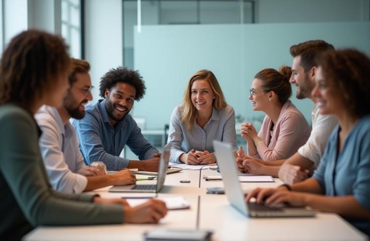 Diverse team collaborating in a meeting room
